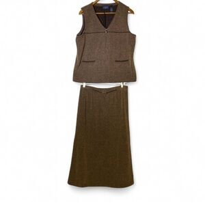 Crazy Horse Vest Skirt 2 Piece Set Tweed Country Cowgirl Maxi Brown Women's L XL